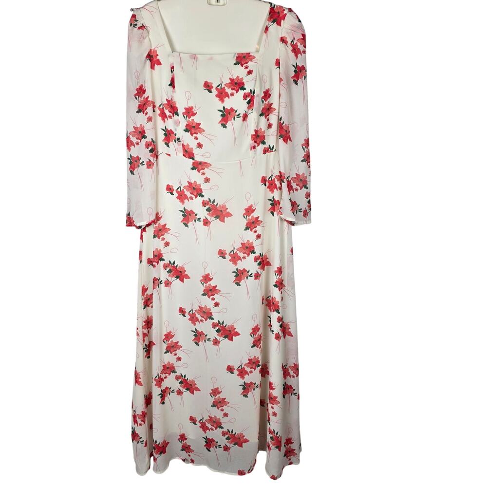 SHEIN White Red Floral Midi Dress Sz 6 Square Neck 3/4 Sleeve Cottagecore Spring